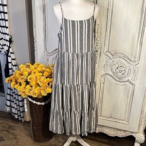 LITTLE BIPSY Collection Cotton Linen Blend Striped Spaghetti Strap Midi Dress